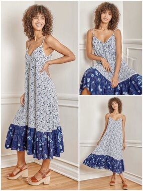 Lulus My Sweet Melody Blue White Floral Print Tiered Midi Dress Size Medium